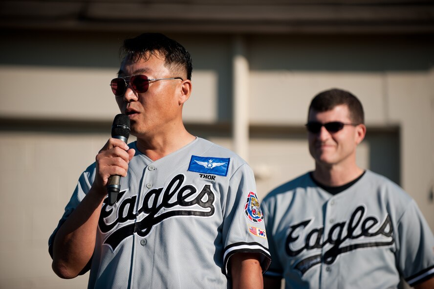 Republic of Korea air force Col. Min-Oh Seo, 38th Fighter Group commander, gives opening comments at the start of Korean and American Friendship Day at Kunsan Air Base, Republic of Korea, Sept. 27, 2013. The friendship day gave members of the base a chance to celebrate their partnership with international allies. (U.S. Air Force photo by Senior Airman Clayton Lenhardt/Released)