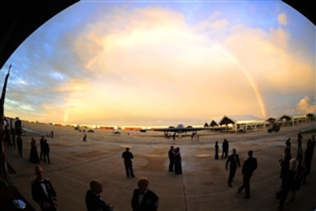 During the Year of the B-2 Gala a rainbow made a brief appearance over the “Spirit of Missouri” at Whiteman Air Force Base, Mo., Sept. 28, 2013. The gala celebrated the 20th anniversary of the B-2 Spirit stealth bomber, which made its first landing at Whiteman in December 1993.