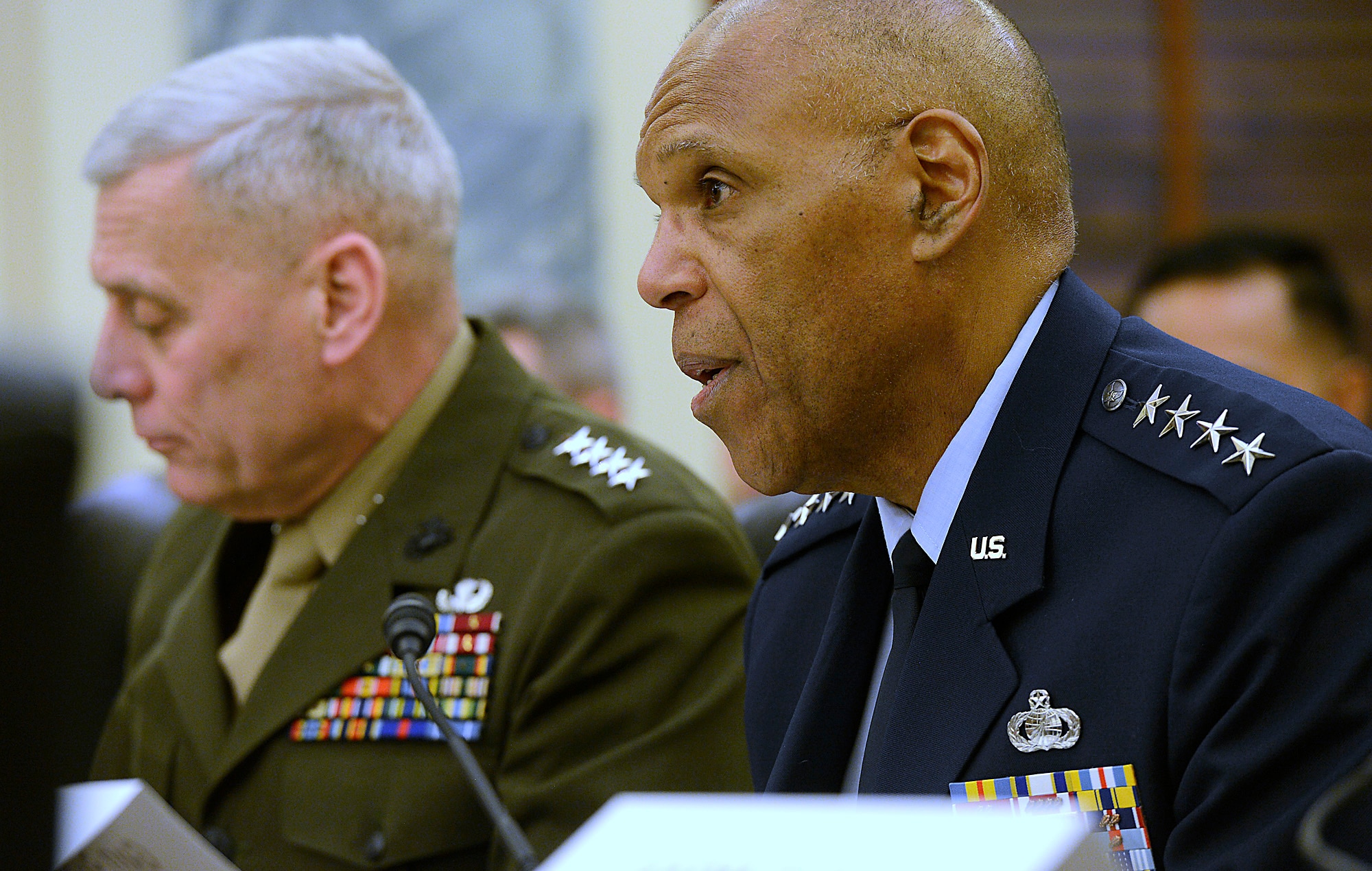 Air Force Vice Chief of Staff Gen. Larry Spencer provides an update of current readiness of the U.S. Air Force before the Senate Subcommittee on Readiness and Management Support in Washington, D.C., March 26, 2014.  Also testifying for their own services were Gen. John F. Campbell, Army Vice Chief of Staff; Gen. John M. Paxton Jr., Assistant Commandant of the Marine Corps; and Vice Adm. Philip Hart Cullom, deputy chief of Naval Operations for Fleet Readiness and Logistics.  (U.S. Air Force photo/Scott M. Ash)