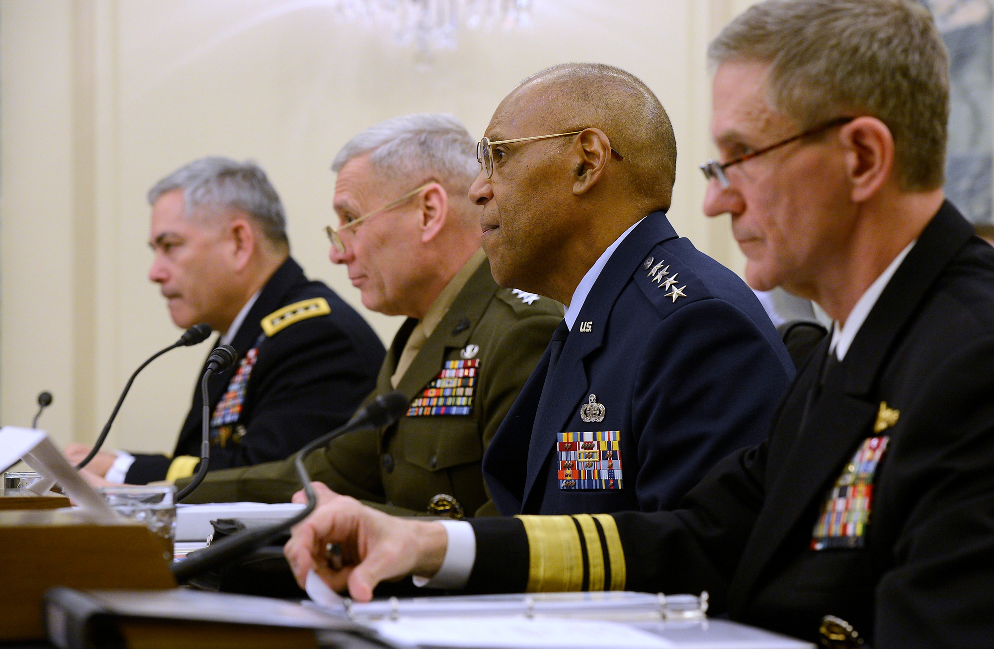 Air Force Vice Chief of Staff Gen. Larry Spencer provides an update of current readiness of the U.S. Air Force before the Senate Subcommittee on Readiness and Management Support in Washington, D.C., March 26, 2014.  Also testifying for their own services were Gen. John F. Campbell, Army Vice Chief of Staff; Gen. John M. Paxton Jr., Assistant Commandant of the Marine Corps; and Vice Adm. Philip Hart Cullom, deputy chief of Naval Operations for Fleet Readiness and Logistics.  (U.S. Air Force photo/Scott M. Ash)