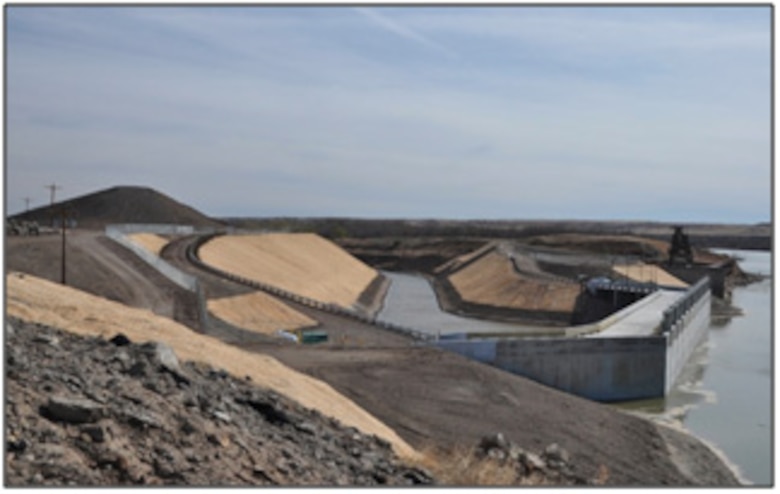 New headworks and fish screens at the Yellowstone Intake with screens submerged.