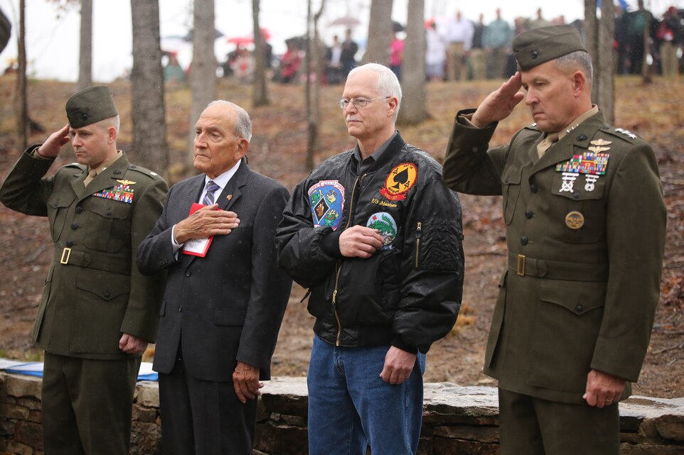 Lt. Gen. Robert Milstead, from Manpower and Reserve Affairs, and former and active Marines from Marine Light Helicopter Squadron 167 and its successor, Marine Light Attack Helicopter Squadron 167, honor the Marines from the squadrons who paid the ultimate sacrifice in combat. The ceremony was a part of a memorial dedication that was made for the squadrons and their fallen brothers.