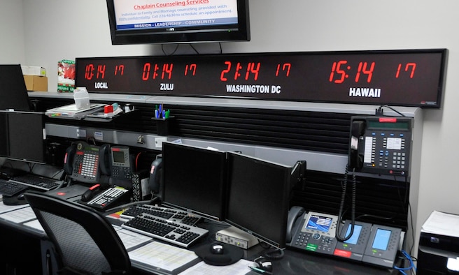 A console at the 35th Command Post building has timezones displayed to allow controllers worldwide awareness in the event of an emergency at Misawa Air Base, Japan, March 25, 2014. With this capability, the 35 CP is able to coordinate with other agencies in different countries to track the progress of aircraft.