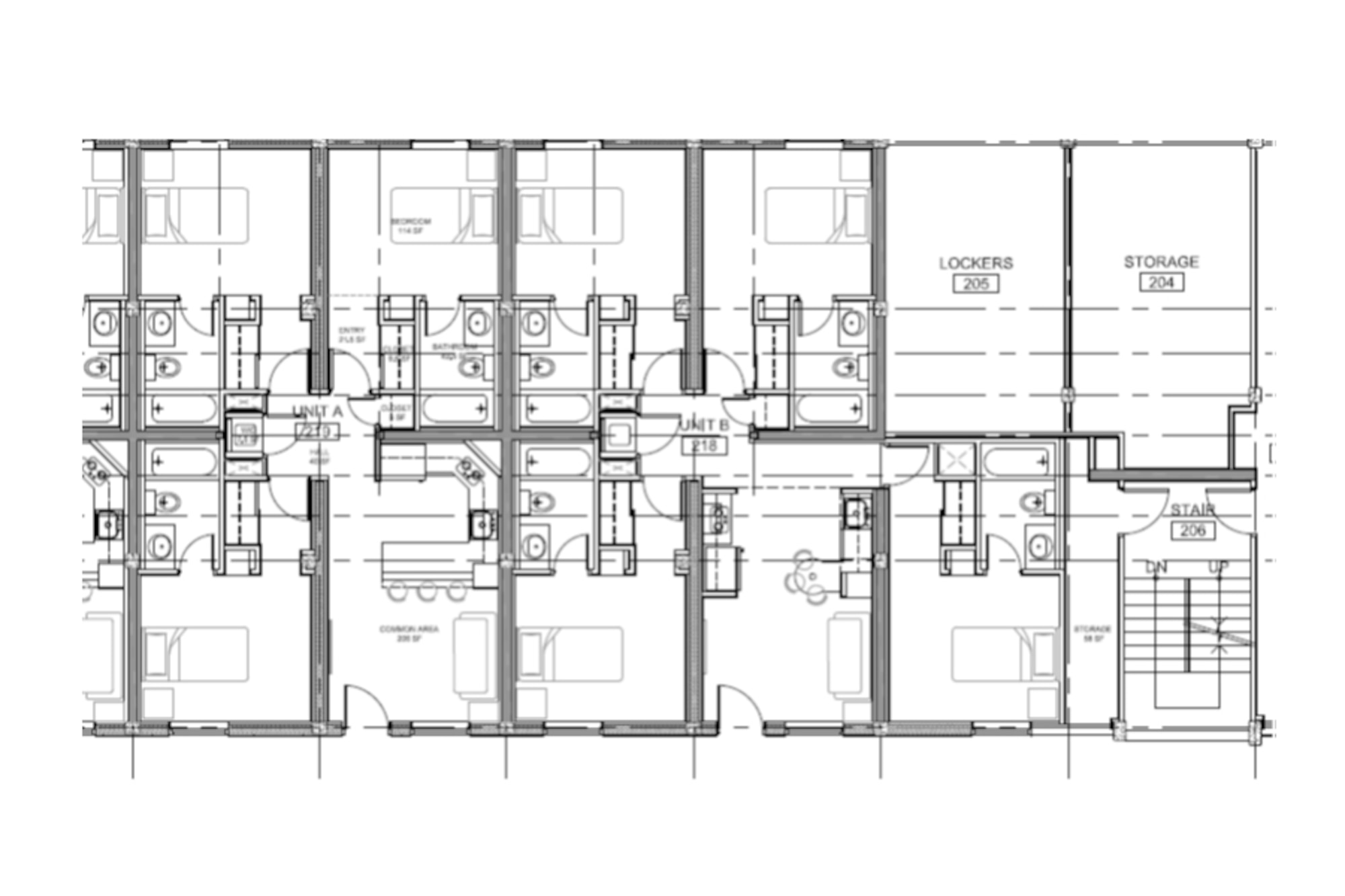The proposed Dorms-4-Airmen features a three bedroom suite with individual baths and shared social area including a kitchenette. (Courtesy Graphic)