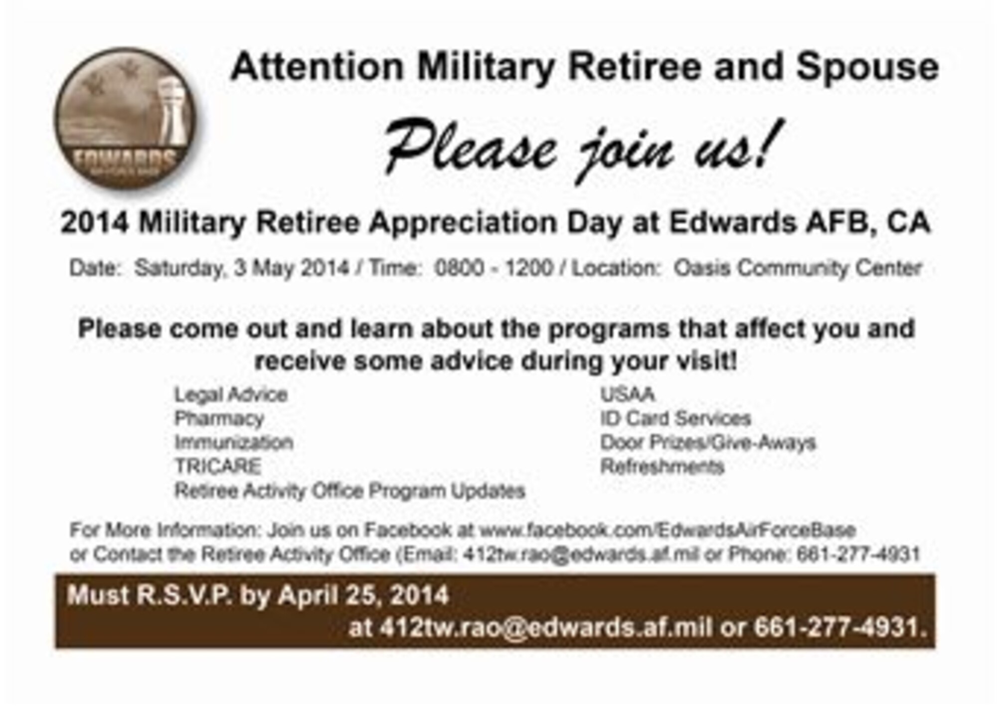 Edwards AFB Retiree Appreciation Day, May 3, 2014. (U.S. Air Force graphic)