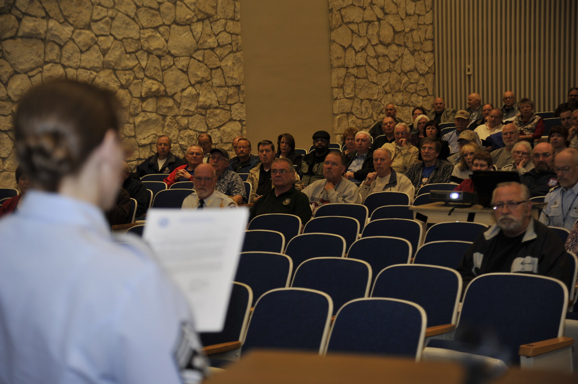 Chief Master Sgt. Wendy Hansen kicks off Retiree Information Day with the Team Fairchild mission brief in Richland, Wash., March 28., 2014. Along with Hansen, five other members from Fairchild made the trip to speak at the event hosted by the satellite retiree activities office in Richland.  Hansen is the command chief at the 92nd Air Refueling Wing.  (U.S. Air Force by Staff Sgt. Jordan Pollock/Released)