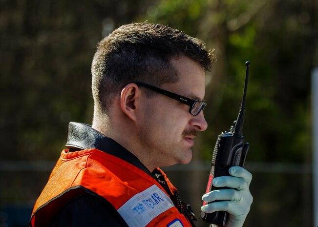 First responders from Joint Base Charleston take part in a Mass Casualty Exercise March 28, 2014, at JB Charleston – Air Base, S.C.  The purpose of the exercise was to test the ability of JB Charleston first responders in the event of an emergency. (U.S. Air Force photo / Senior Airman Tom Brading)