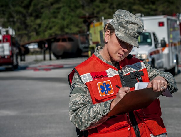 First responders from Joint Base Charleston take part in a Mass Casualty Exercise March 28, 2014, at JB Charleston – Air Base, S.C.   The purpose of the exercise was to test the ability of JB Charleston first responders in the event of an emergency.   (U.S. Air Force photo / Senior Airman Tom Brading)