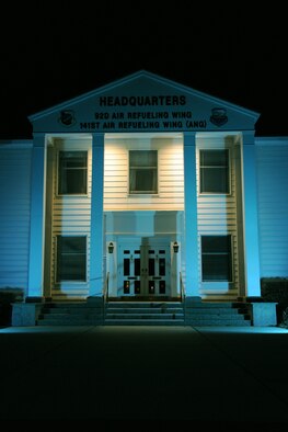 The Fairchild Air Force Base headquarters building will be lit up teal for the month of April in support of Sexual Assault Awareness Month. (U.S. Air Force photo by Airman 1st Class Janelle Patino/Released)