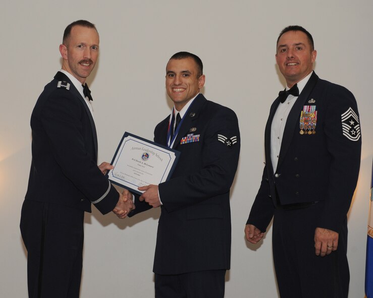 Senior Airman Derek McLemore, 2nd Logistics Readiness Squadron, receives an Airman Leadership School graduation certificate from Col. Leland Bohannon, 2nd Bomb Wing vice commander, during the ALS Class 14-3 Graduation on Barksdale Air Force Base, La., March 27, 2014. (U.S. Air Force photo/Senior Airman Benjamin Gonsier)