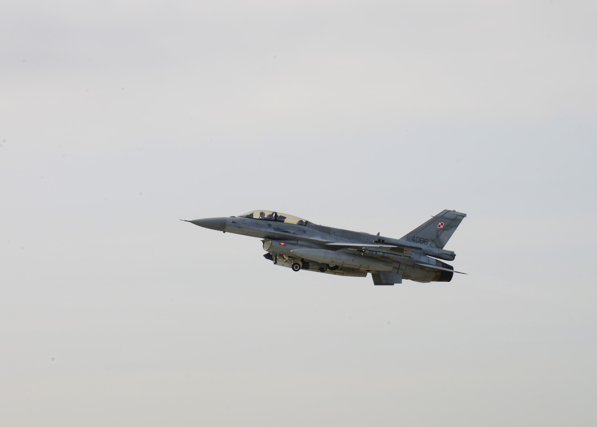 A Polish F-16 Fighting Falcon fighter aircraft takes off for a training mission with U.S. Air Force F-16s, April 1, 2014, at Łask Air Base, Poland. Poland continues to build its relationship with the U.S. as both nations' air forces integrate their capabilities through training sorties in a joint theater capacity for the first time since the arrival of 31st Fighter Wing aircraft and personnel from Aviano Air Base, Italy. (U.S. Air Force photo/Airman 1st Class Ryan Conroy/Released)