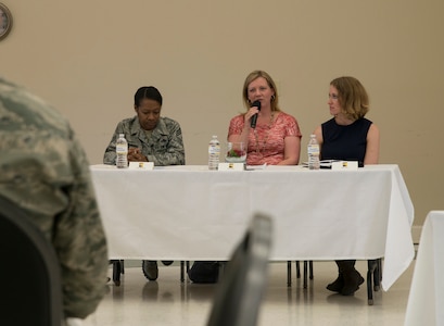 Heidi Wingo, wife of Lt. Col. Joseph Wingo, 628th Communications Squadron commander, responds to a question during the Women's History Month Luncheon Question and Answer panel March 28, 2014. Women's History Month highlights the contributions of women in history and contemporary society. It is celebrated each March in the United States, the United Kingdom and Australia, corresponding with International Women's Day. (U.S. Air Force photo/Senior Airman Ashlee Galloway)