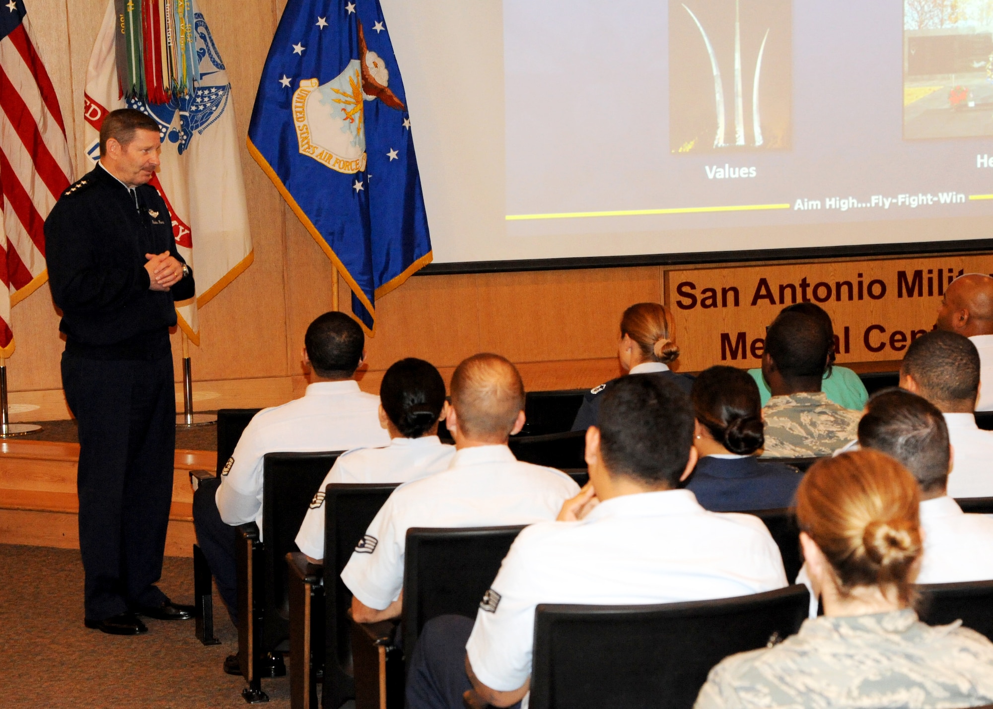 Gen. Robin Rand, Air Education and Training Command commander, speaks to 959th Medical Group noncommissioned officers during a commander’s call at the San Antonio Military Medical Center Auditorium, Joint Base San Antonio-Fort Sam Houston, Texas, Mar. 24, 2014. Rand spoke about the importance of the medical mission and of leading and educating Airmen. This was the general’s first visit to the 959 MDG since taking command of AETC in October 2013. (U.S. Air Force photo/ Staff Sgt. Chelsea Browning)