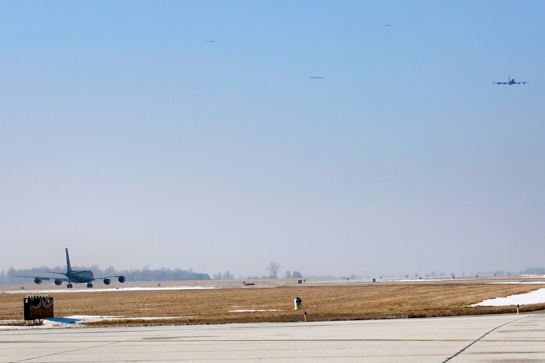 Five KC-135R Stratotankers are seen shortly after taking off from Grissom Air Reserve Base, Ind., March 9, 2014. During the 434th ARW's March unit training assembly, the unit held a strategic warfare exercise, executing various response, mobility, and command and control procedures in response to a simulated global threat, which culminated in 10 Stratotankers taking off in two five-ship formations. (U.S. Air Force photo/Tech. Sgt. Mark R. W. Orders-Woempner)
