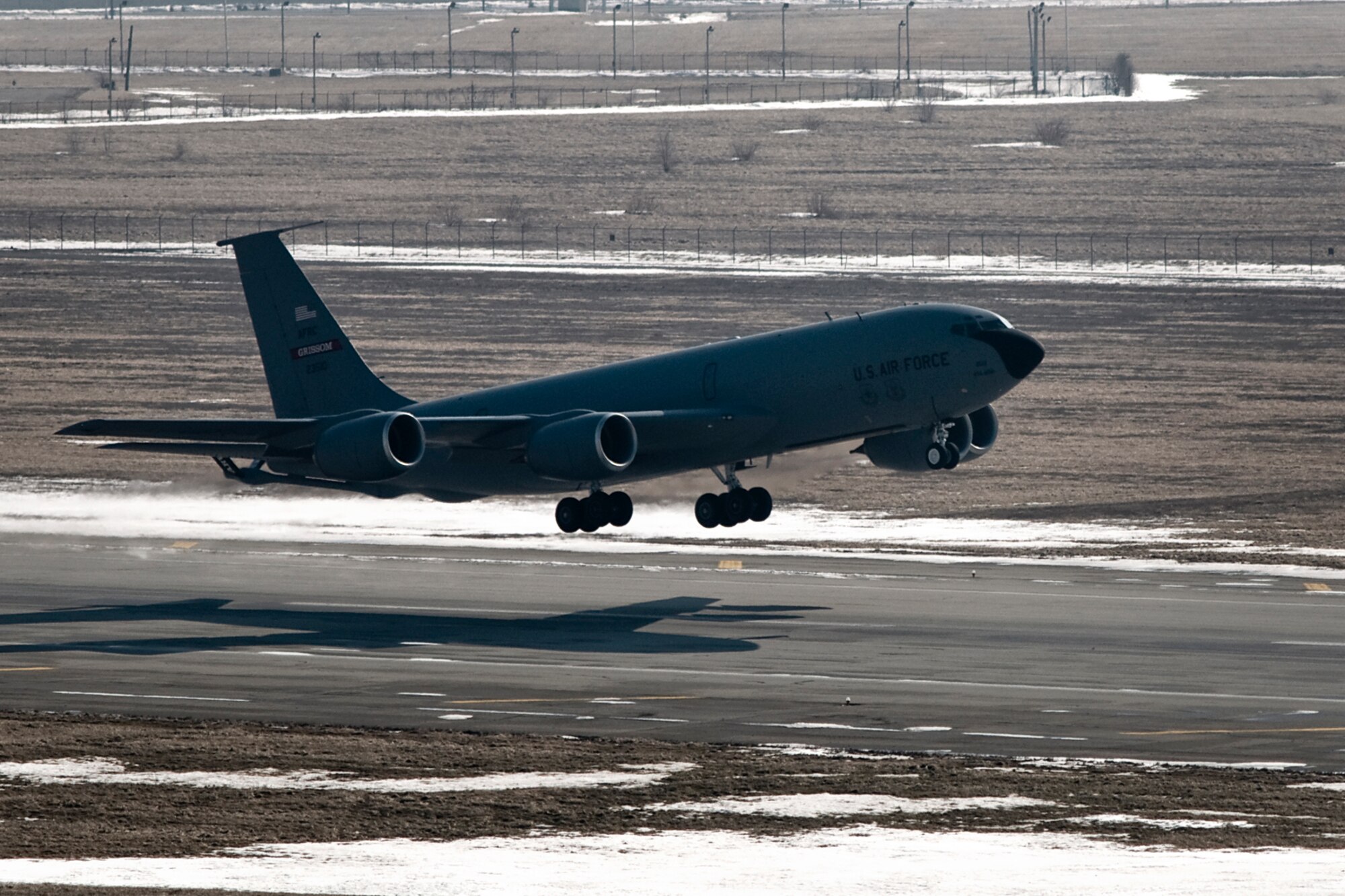 A KC-135R Stratotanker takes off from Grissom Air Reserve Base, Ind., March 9, 2014. During the 434th Air Refueling Wing's March unit training assembly, the unit held a strategic warfare exercise, executing various response, mobility, and command and control procedures in response to a simulated global threat, which culminated in 10 Stratotankers taking off in two five-ship formations. (U.S. Air Force photo/Staff Sgt. Andrew McLaughlin)
