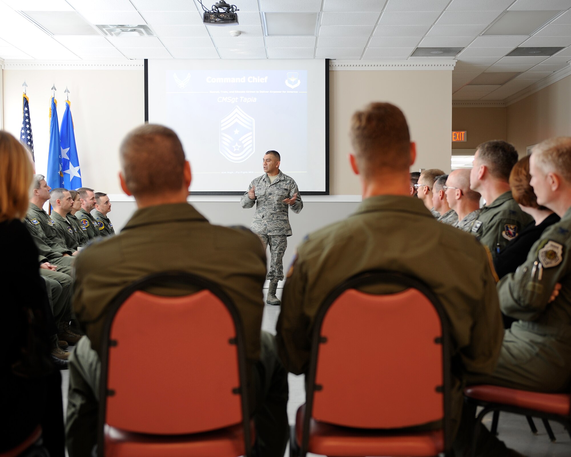 The command chief master sergeant of Air Education and Training Command, Chief Master Sgt. Gerardo Tapia speaks to personnel during his tour of Columbus Air Force Base March 26. Tapia is a key advisor to the command's corporate structure for budgeting, transformation and execution of the AETC mission. (U.S. Air Force Photo by Elizabeth Owens)