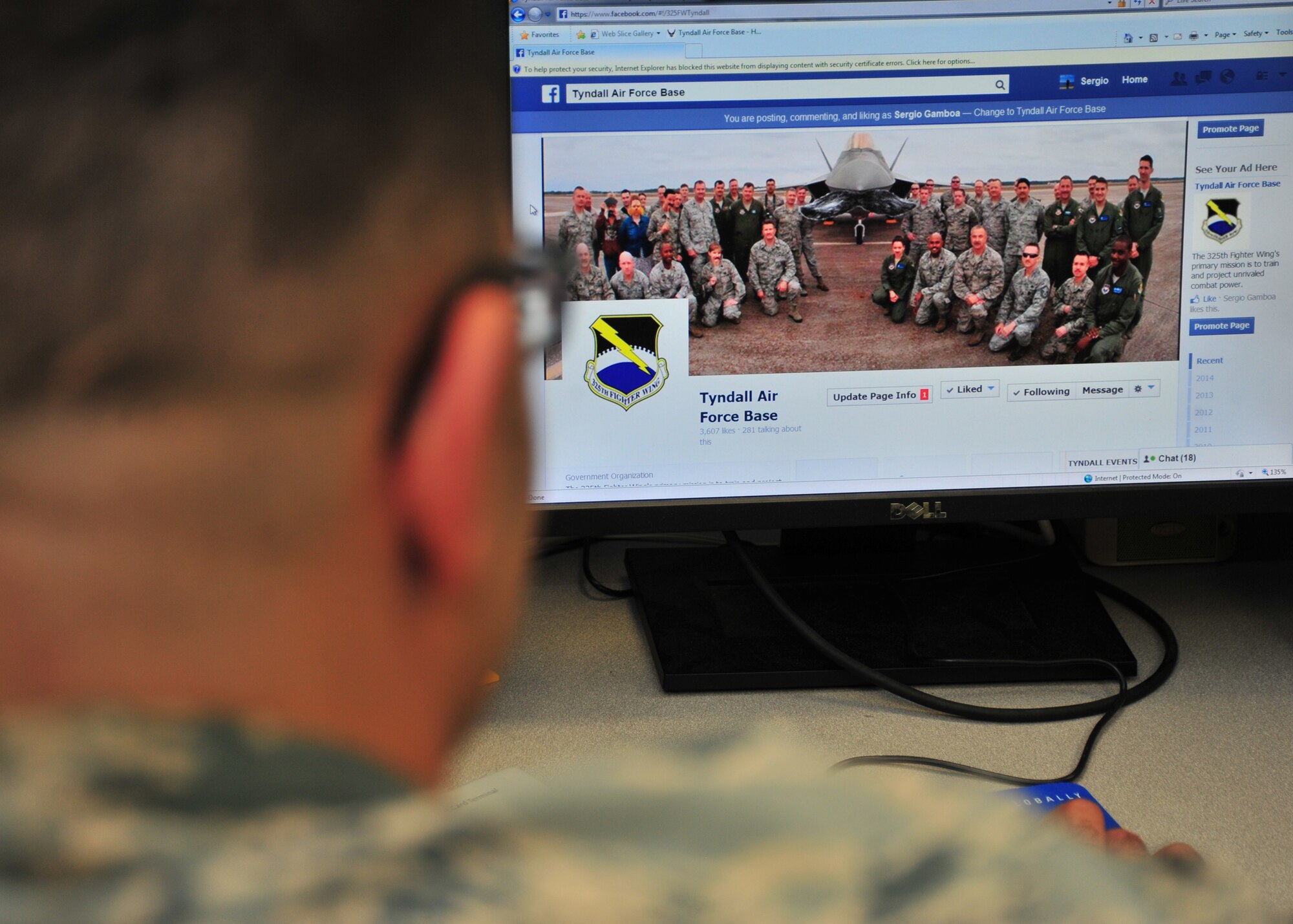 Airman 1st Class Solomon A. Cook, 325th Fighter Wing Public Affairs photojournalist, checks Facebook April 1 to simulate social networking in uniform.(U.S. Air Force photo by Airman 1st Class Sergio A. Gamboa) 


