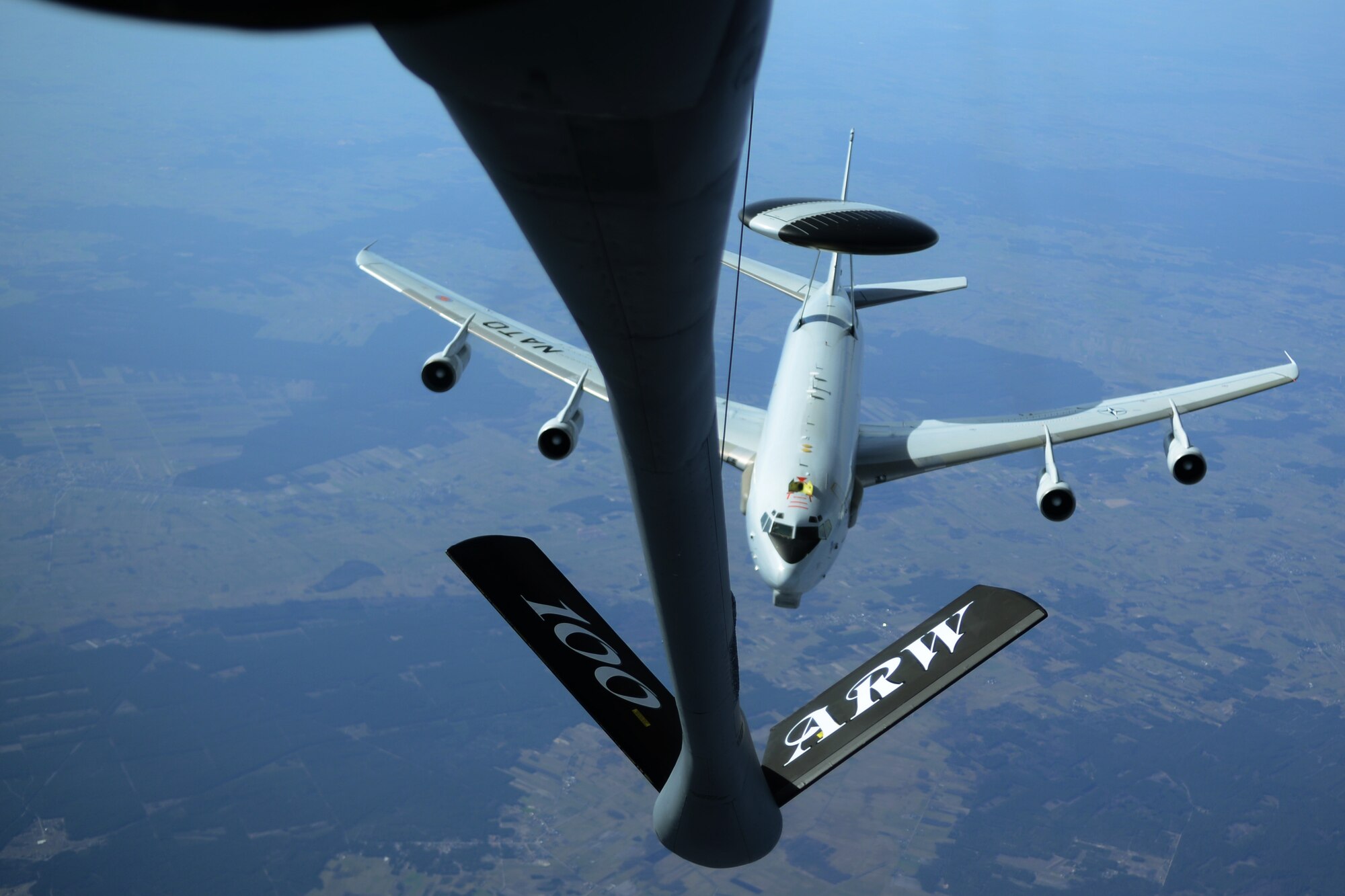 A NATO E-3 Sentry prepares to take on fuel March 21, 2014, from a 100th Air Refueling Wing KC-135 Stratotanker during a sortie over Eastern Europe. The 100th ARW provides aerial refueling to allied aircraft in Europe and Africa. (U.S. Air Force photo by Airman 1st Class Dillon Johnston/Released)