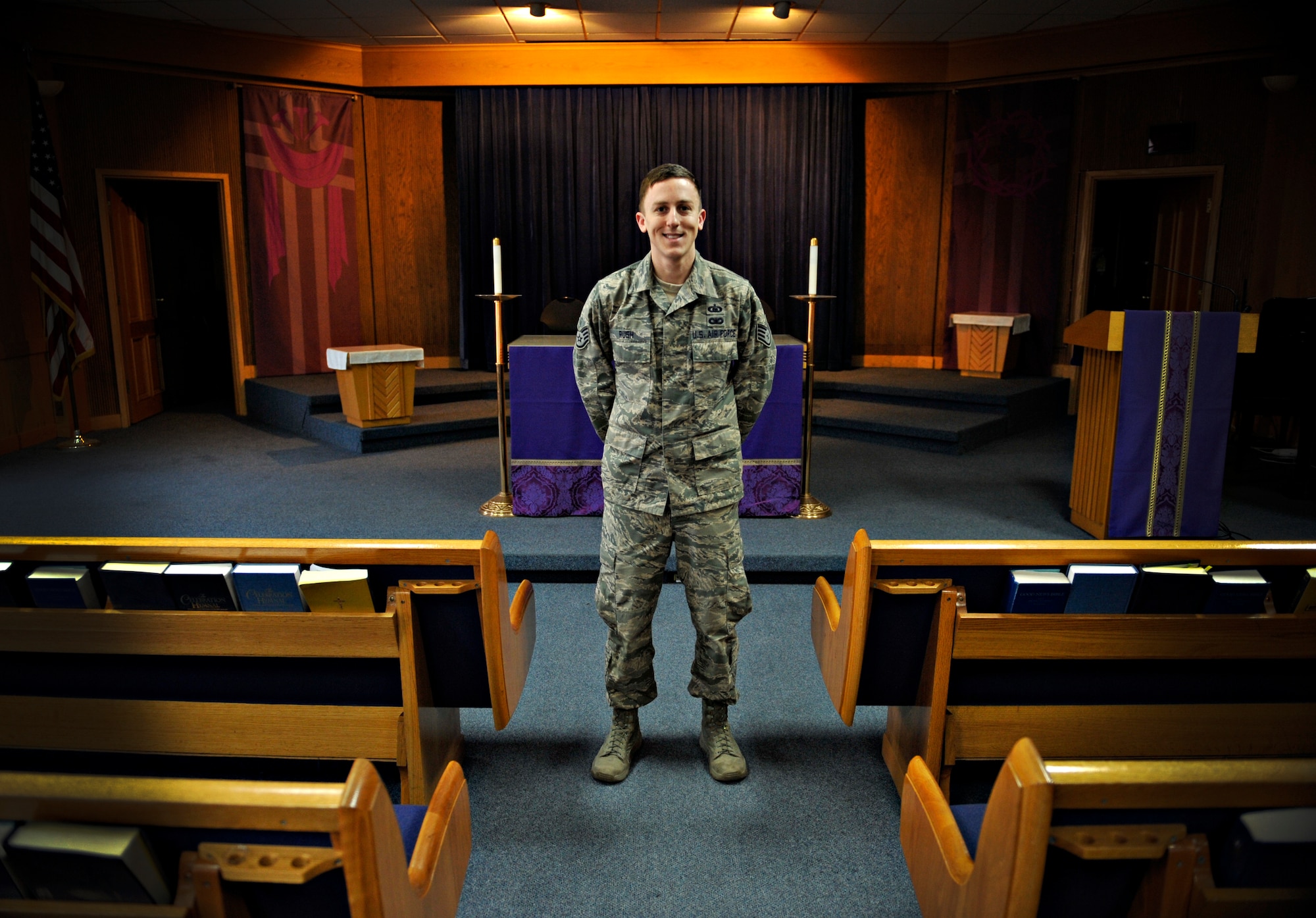 Staff Sgt. Brett Rush, 51st Fighter Wing chaplain assistant, poses for a photo at Osan Air Base, Republic of Korea, March 27, 2014. Rush is this week’s Airman Spotlight winner. (U.S. Air Force photo/Senior Airman Siuta B. Ika)