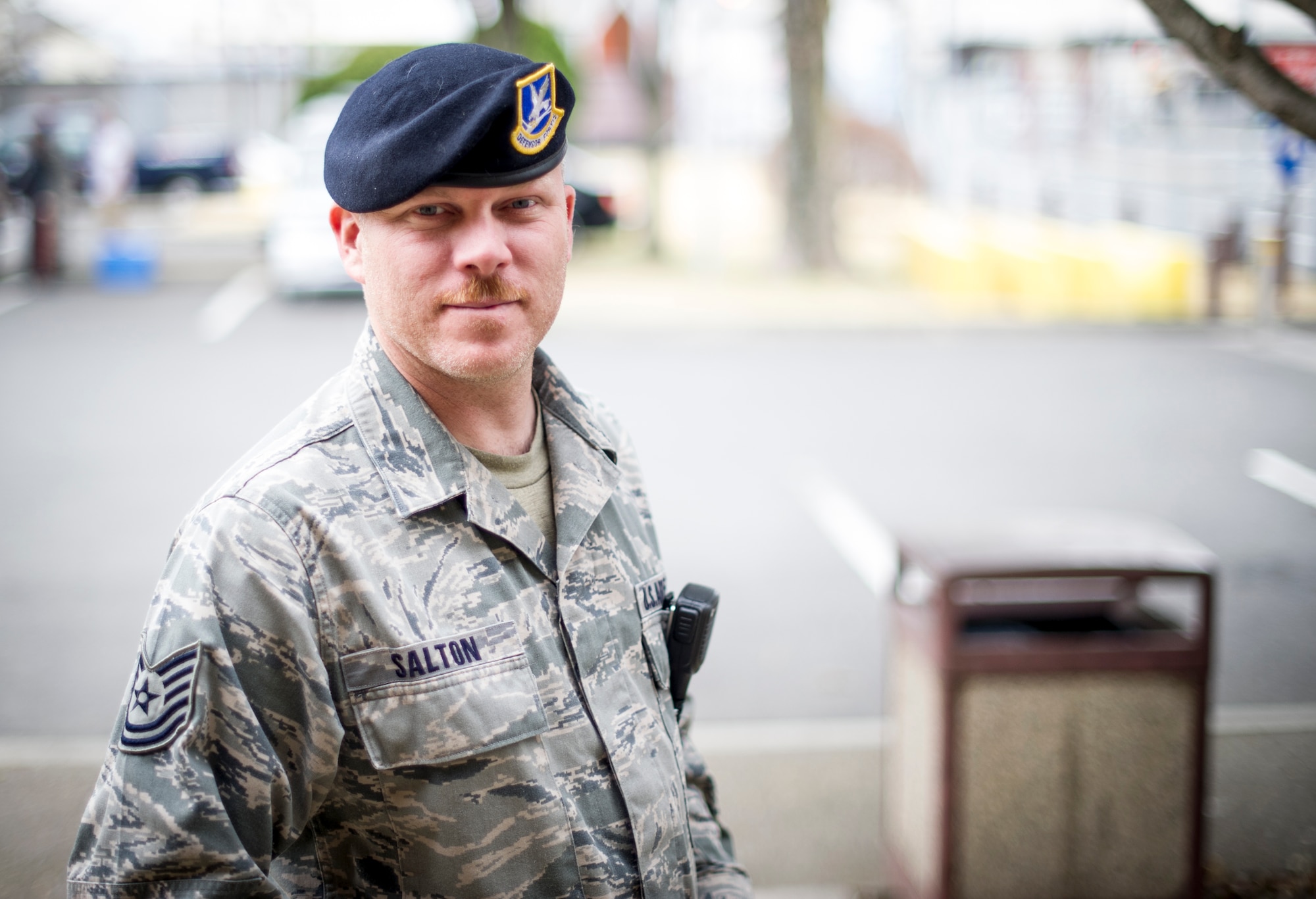 Tech. Sgt. Charles Salton, 374th Security Forces Squadron, participates in mustache March at Yokota Air Base, Japan, March 28, 2014. Mustache March is annual event occurring in the month of March, where men in the United States Air Force grow mustaches to honor Air Force legend General Robin Olds. (U.S. Air Force photo by Staff Sgt. Stacy Moless)