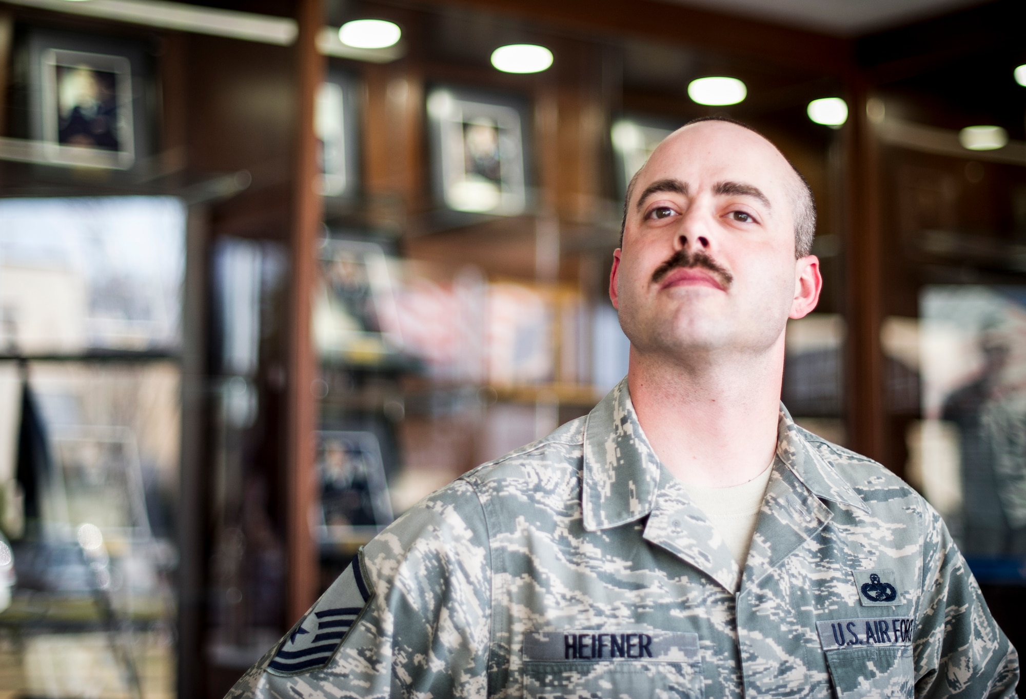 Master Sgt. Matthew Heifner, 374th Force Support Squadron,  Airman Leadership School commandant, participates in mustache March at Yokota Air Base, Japan, March 28, 2014. Mustache March is annual event occurring in the month of March, where men in the United States Air Force grow mustaches to honor Air Force legend General Robin Olds. (U.S. Air Force photo by Staff Sgt. Stacy Moless)