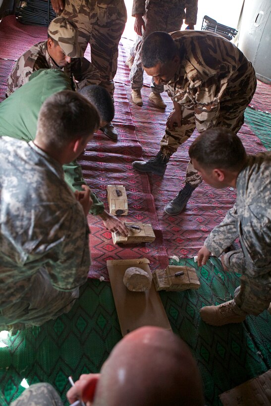 U.S. service members and members of the Royal Moroccan Armed Forces conduct non-lethal weapons training during Exercise African Lion 2014 on the Tifmit Royal Moroccan Armed Forces Base in Morocco, Mar. 27, 2014. African Lion is conducted as a combined-joint execrise between the Kingdom of Morocco and the U.S. Forces to strengthen relationships and military operability in the region. (U.S. Marine Corps photo by Cpl. Alexanria Blanche, 2D MARDIV COMCAM/Not Released)