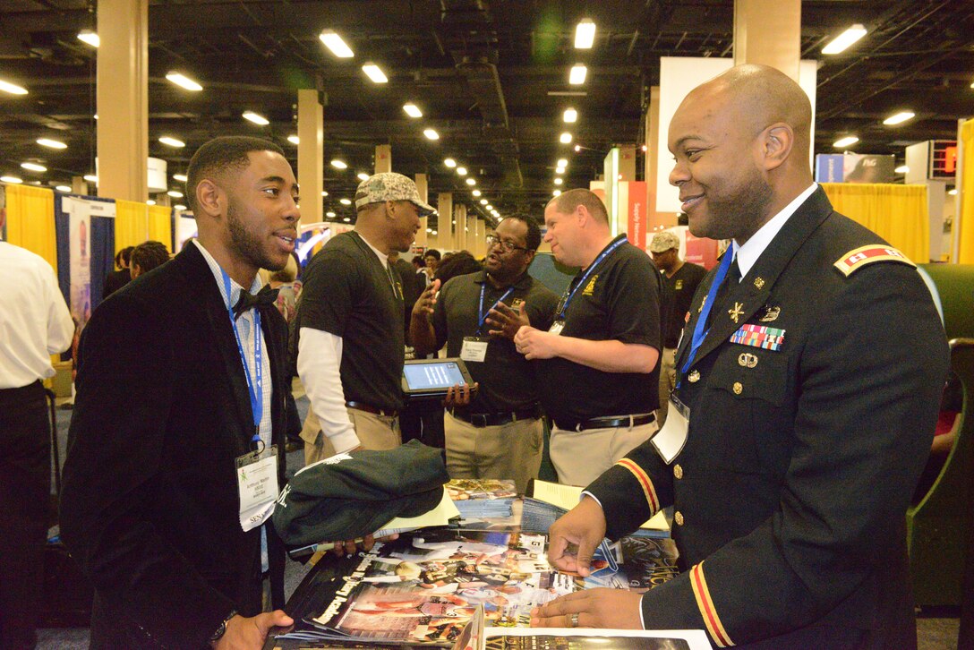 Nashville, TN (March 31, 2014) - U.S. Army representatives from the West Point United States Military Academy, U.S. Army Corps of Engineers, Vanderbilt ROTC, and Middle Tennessee State University ROTC units made contact with nearly 8,000 prospective students at the 40th annual  National Society of Black Engineers Convention at the Gaylord Opryland Hotel & Convention Center in Nashville, Tenn, March 26-29, 2014.