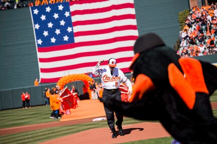 Vice Chairman of the Joint Chiefs of Staff Adm. James A. Winnefeld, Jr. attends the Baltimore Orioles' opening day game against the defending World Series Champions the Boston Red Sox, at Camden Yards in Baltimore, Mar. 31, 2014. Adm. Winnefeld was invited to throw out the ceremonial first pitch at the military-themed game.