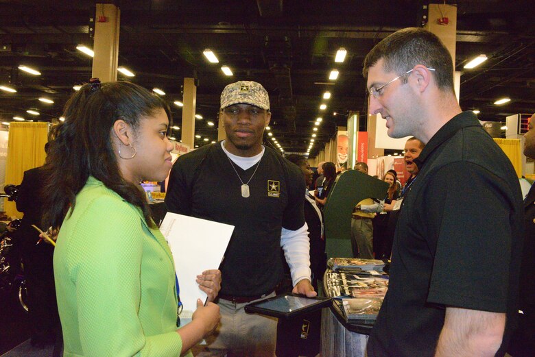 Nashville, TN (March 26, 2014) - U.S. Army representatives from the West Point United States Military Academy, U.S. Army Corps of Engineers, Vanderbilt ROTC, and Middle Tennessee State University ROTC units talked with students from colleges around the United States at the 40th annual  National Society of Black Engineers Convention at the Gaylord Opryland Hotel & Convention Center in Nashville, Tenn, March 26-29, 2014.