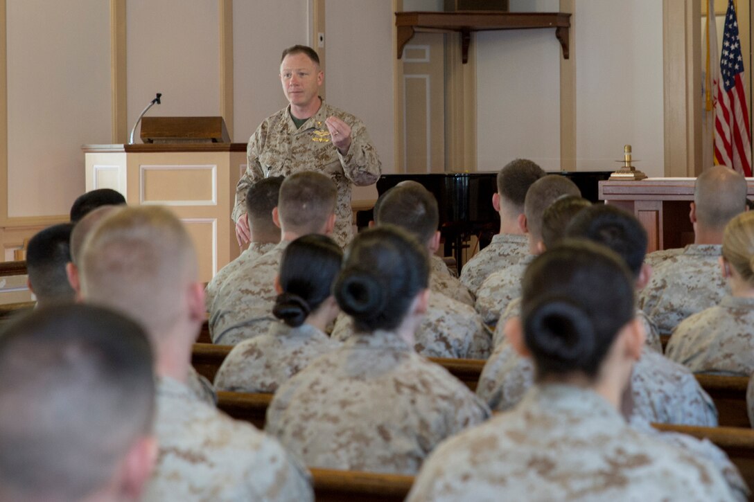 NORFOLK, Va. ( Mar. 24, 2014) - Commander Michael Sneath, chaplain, U.S. Marine Corps Forces Command, addresses a group of lance corporals during the introduction brief of the Lance Corporals Leadership and Ethics Seminar March 24. During the seminar, the lance corporals discussed topics ranging from foundational leadership to societal concerns. The program is currently scheduled to go live in June 2014. 