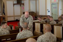 NORFOLK, Va. (Mar. 24, 2014) - Colonel Paul Ryan, commanding officer, Headquarters and Service Battalion, U.S. Marine Corps Forces Command, speaks with lance corporals attending the Lance Corporals Leadership and Ethics Seminar Mar. 24.  Lance corporals from the Hampton Roads converged at MARFORCOM for the opportunity to take part in the beta test phase of the program. MARFORCOM was the fourth iteration of the beta test for the seminar.