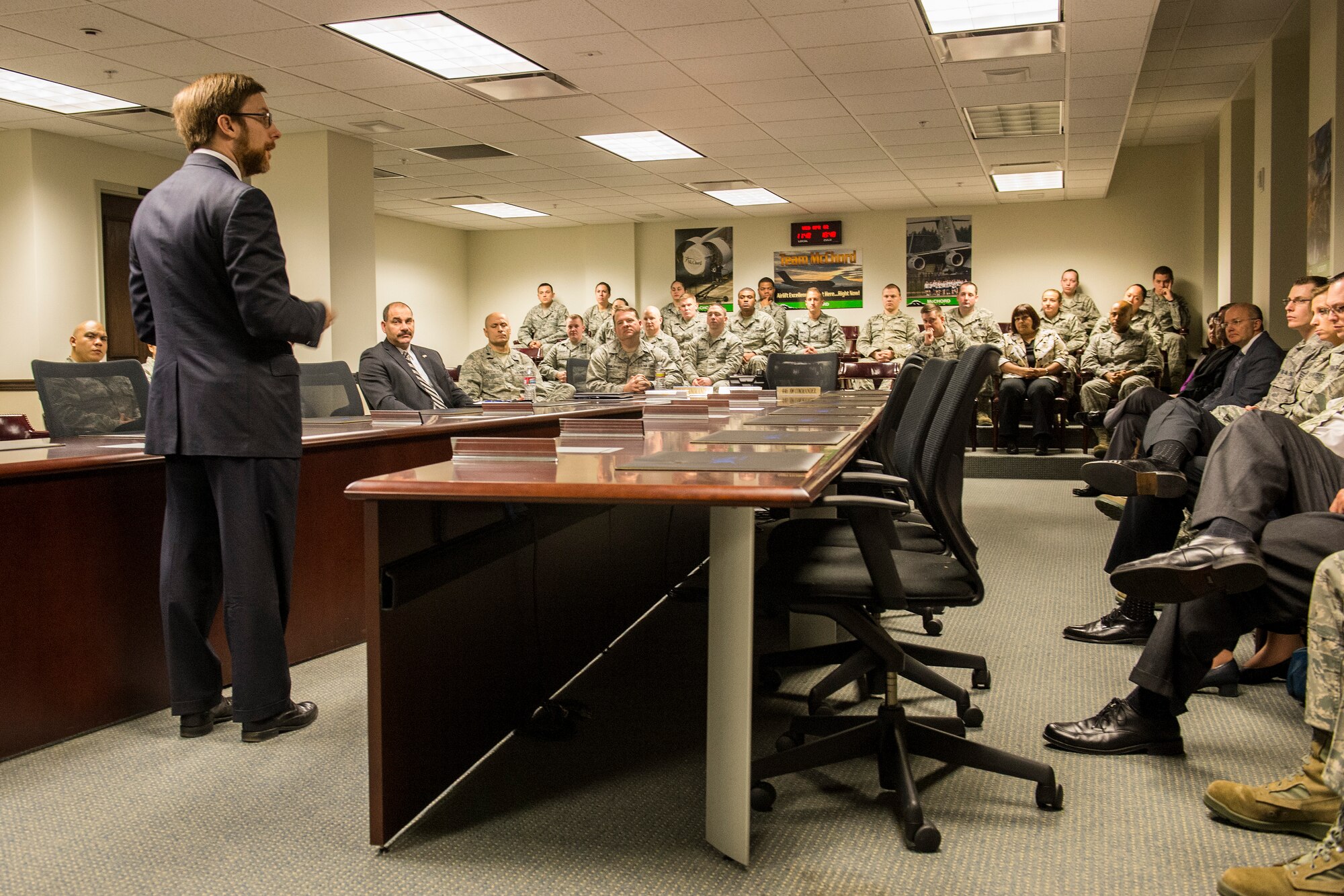 Dr. Jamie Morin, the Assistant Secretary of the Air Force for Financial Management and Comptroller, holds a questions and answers session with members of the 62nd Comptroller Squadron and resource advisors from various McChord units April 2, 2014, at Joint Base Lewis-McChord, Wash. Morin visited McChord to oversee the implementation of the Defense Enterprise Accounting and Management System, an audit readiness financial management system. (U.S. Air Force photo by Tech. Sgt. Sean Tobin)