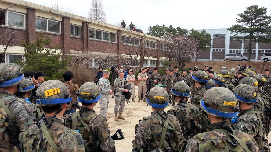 IKSAN CITY,  Republic of Korea - Five members of 7th Air Force had the unique opportunity to help mentor more than 500 Republic of Korea Army NCOs at the ROK NCO Academy Lessons Learned Lecture and Discussion Panel in Iksan City, March 25. The panel brought combat veterans from each of the U.S. military services to share their personal insights and joint combat experience with future ROK enlisted leaders. 
Visiting U.S. NCOs were treated to exercise demonstrations that included urban operations, squad live-fire and combatives. Following lunch, the ROK NCOs gathered to hear what the U.S. combat veterans had to say about what they might face in battle. (Courtesy photo)
