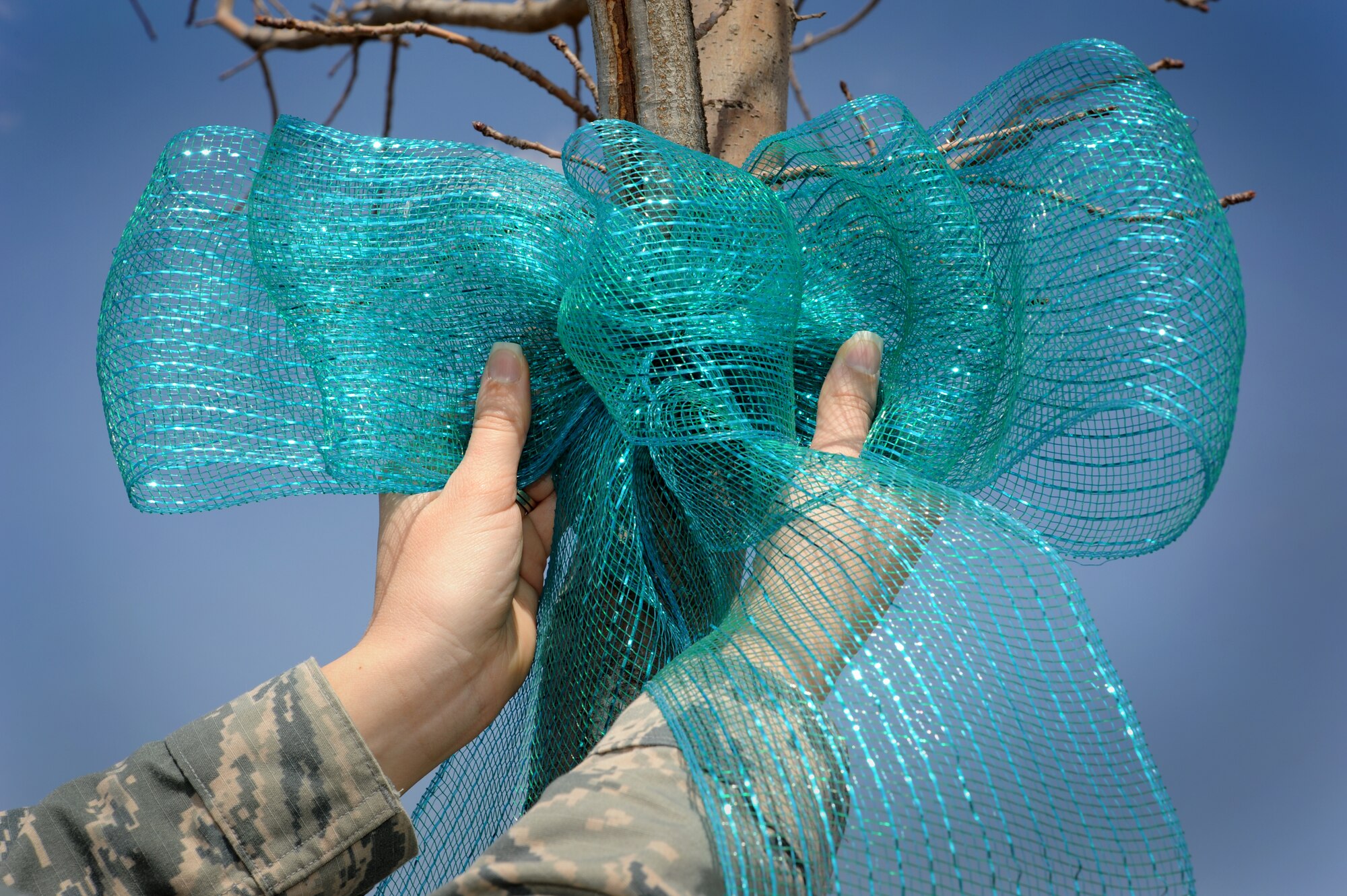 Teal bows, which signify the beginning of Sexual Assault Awareness Month, were tied to trees ringing the traffic circle in front of the Vance Air Force, Okla., Base Main Gate March 31. The teal color is a reminder of the Air Force’s commitment to prevent sexual assault, not just during the month of April, but every day, all year long. (U.S. Air Force photo by Staff Sgt. James Bolinger)