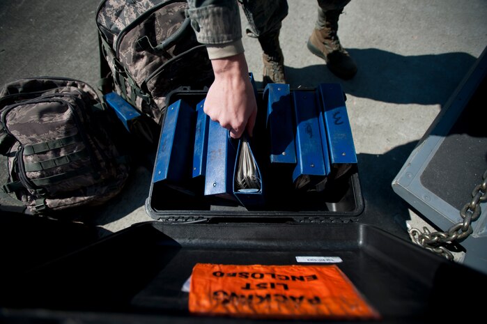 An Airman grabs an inspection checklist prior to inspecting a C-17 Globemaster III before a large scale formation exercise March 27, 2014, at Joint Base Charleston, S.C. The large formation exercise provided more than 500 operational and maintenance training objectives and demonstrated the U.S. Air Force's strategic capability. (U.S. Air Force photo/ Staff Sgt. William A. O’Brien)