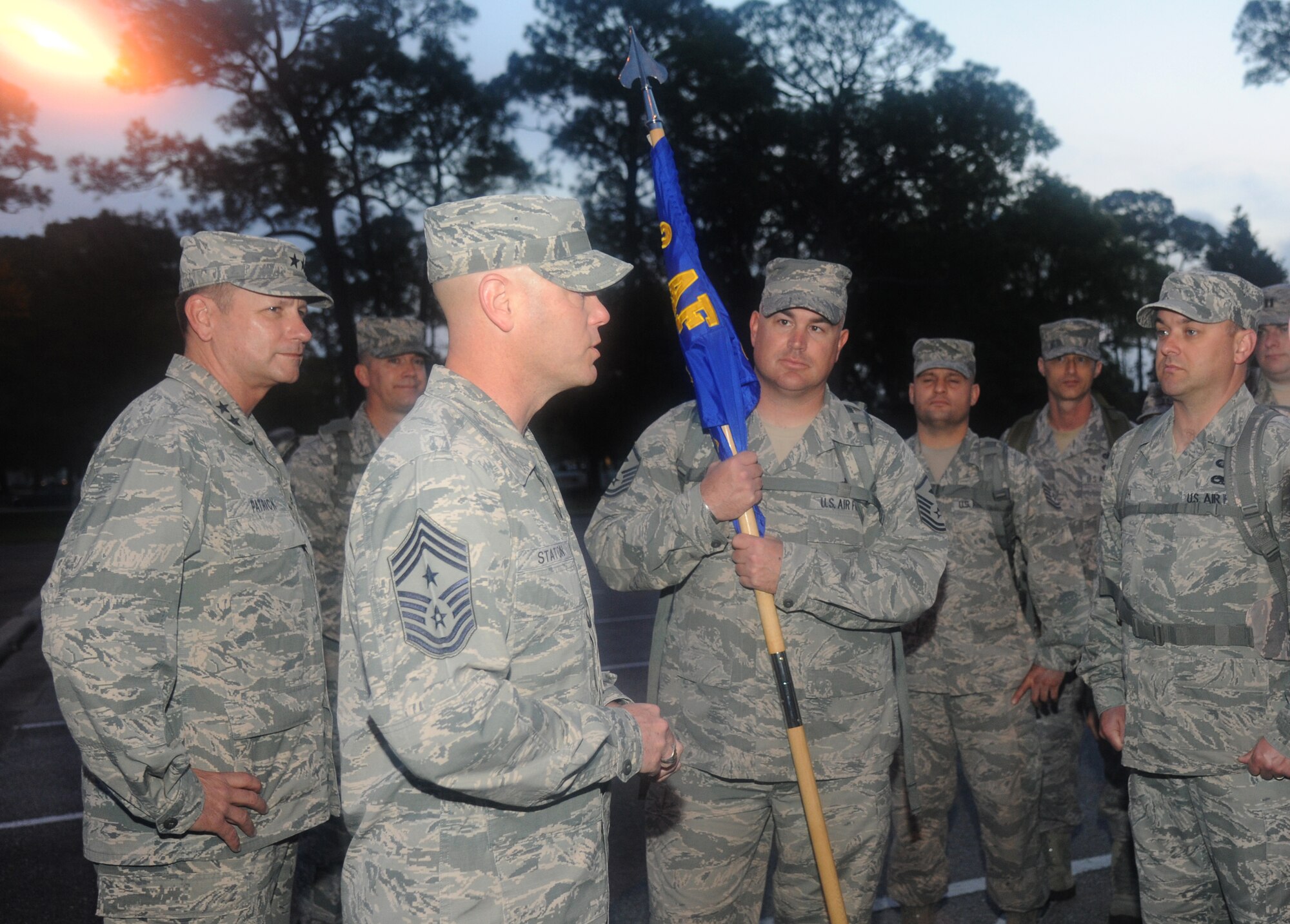 Chief Master Sgt. David Staton, 2nd Air Force command chief, thanks member of the 602nd Training Group (Provisional) for participating in an 84-mile ruck march April 2, 2014, at Keesler Air Force Base, Miss.  The 2-day march, which began on Keesler and will end at Camp Shelby Army Post, Miss., took place to commemorate the 602nd TRG (P) mission in support of Joint Expeditionary Taskings and to their students who made the ultimate sacrifice. (U.S. Air Force photo by Kemberly Groue)
