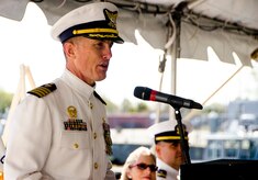 United States Coast Guard Capt. Caleb Corson, delivers the farewell address during the decommissioning ceremony of United States Coast Guard Cutter Gallatin (WHEC-721), March 31, 2014 in Charleston, S.C.  Corson served as the Gallatin's commanding officer for almost three years.  (U.S. Air Force photo/ Staff Sergeant Aaron Thomasson)