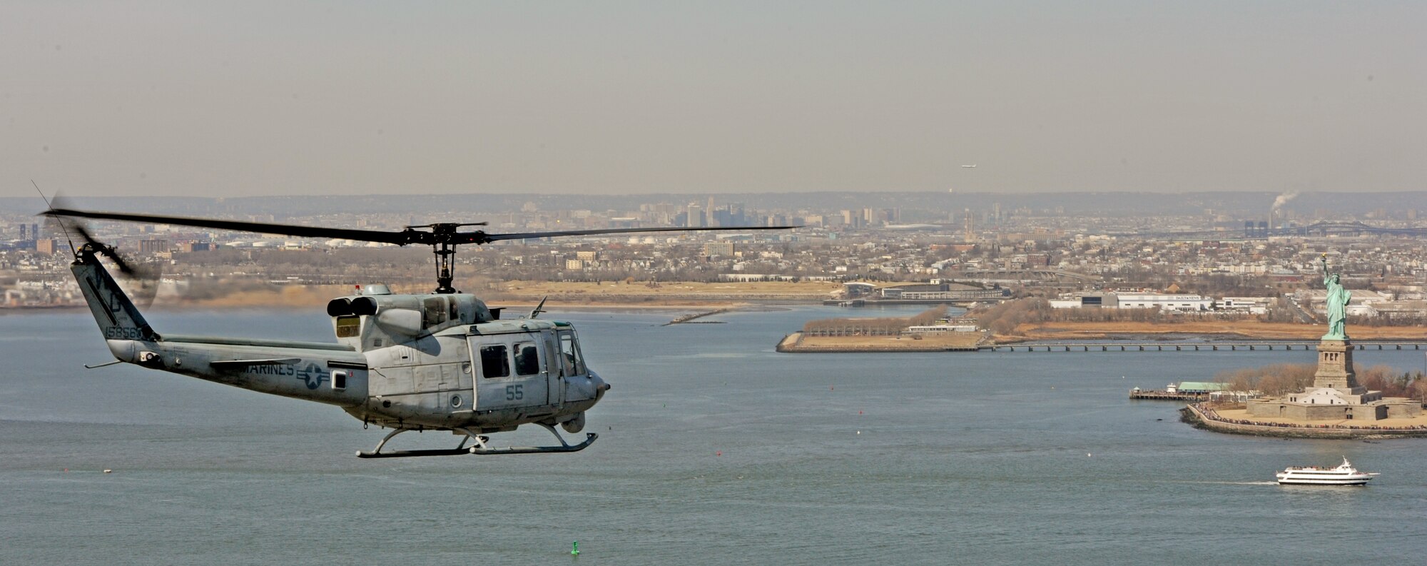 Marine Light Attack Helicopter Squadron (HMLA) 773 Marines fly a UH-1N Huey for the last time in the squadron March 27, 2014, into New York City. HMLA-773 uses the Huey for several support missions that all support Marines on the ground. (U.S. Air Force photo by Airman 1st Class Sean M. Crowe/Released)