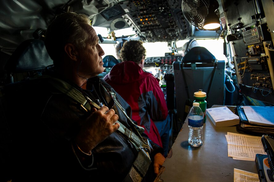 Gary Cram (front) president, Cram Roofing Company and Tom Frost III (center) executive vice president, Frost Bank prepare for take-off in the cockpit of a KC-135R Stratotanker flying to Peterson AFB, Colo., as part of a civic leader tour on Kelly Field Annex, Texas, March 20, 2014. San Antonio civic leaders and honorary commanders toured various military facilities in Colorado Springs, Colo., to better understand the Air Force Reserve and the active-duty service members they support. (U.S. Air Force photo/Staff Sgt. Marleah Miller)