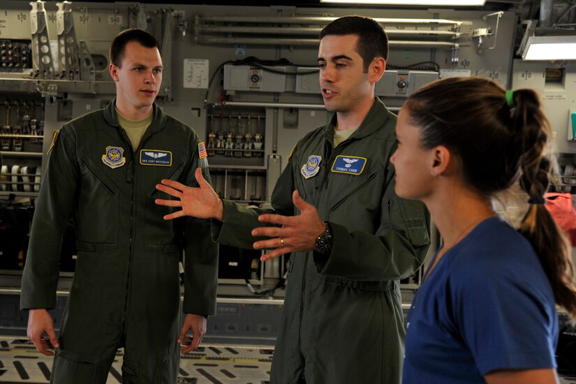 Senior Airman Cory Brashear, 14th Airlift Squadron loadmaster, and Capt. Thomas Carr, 14th AS pilot, give professional tennis player Lauren Davis, a briefing on the C-17 Globemaster III, April 1, 2014, at Joint Base Charleston, S.C. Lauren is a competitor in the Family Circle Cup tennis tournament on Daniel Island, S.C. (U.S. Air Force photo/Staff Sgt. Renae Pittman)