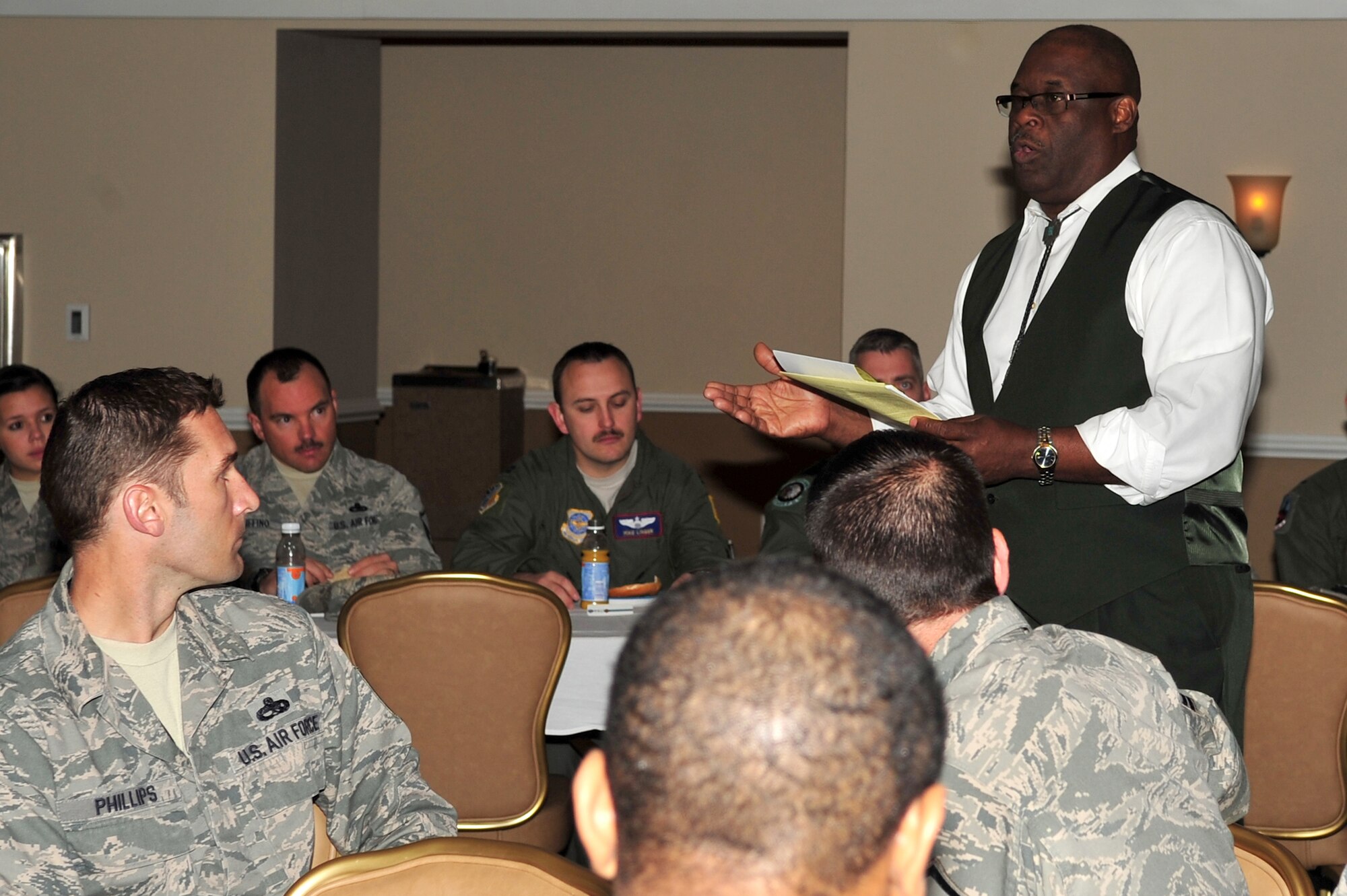 William Jenkins, 4th Fighter Wing Air Force Aid Society representative, discusses the AFAS during the Air Force Assistance Fund drive kickoff, March 24, 2014, at Seymour Johnson Air Force Base, N.C. The AFAS is the official charity of the Air Force and provides emergency assistance to Airman and their families via standard emergency assistance loans and grants, as well as Falcon Loans. (U.S. Air Force photo/Airman 1st Class Shawna L. Keyes)