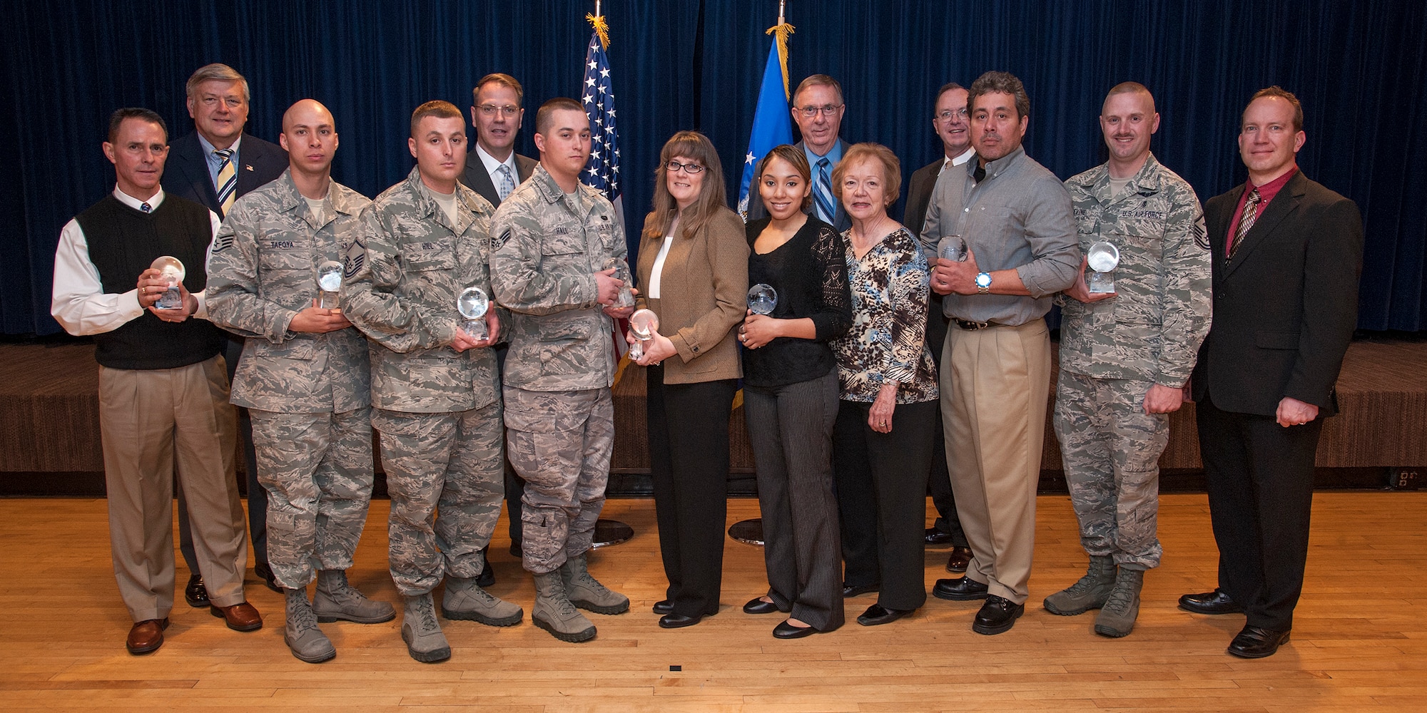 PETERSON AIR FORCE BASE, Colo. – The Team Pete Annual Awards winners were announced at the annual awards breakfast March 11 at the Peterson Club. Winners included Senior Airman Leslie Hall, 561st Network Operations Squadron, Junior Enlisted category; Master Sgt. Ronald Hill, 13th Air Support Operations Squadron, Senior NCO category; Master Sgt. Ryan Devine, 21st Space Wing, First Sergeant category; Capt. Joseph Pickenpaugh, 21st Space Wing, Company Grade Officer category; Kiesha Mills, 21st Space Wing, Civilian Non-Supervisory category 1; Jamie Van Horn, Space and Missile Systems Center, Civilian Non-Supervisory category 2; Walter Schmidt, 21st Space Wing, Civilian Supervisory category 1; and Reggie Selby, 21st Space Wing, Civilian Supervisory category 2. (U.S. Air Force photo/Craig Denton)