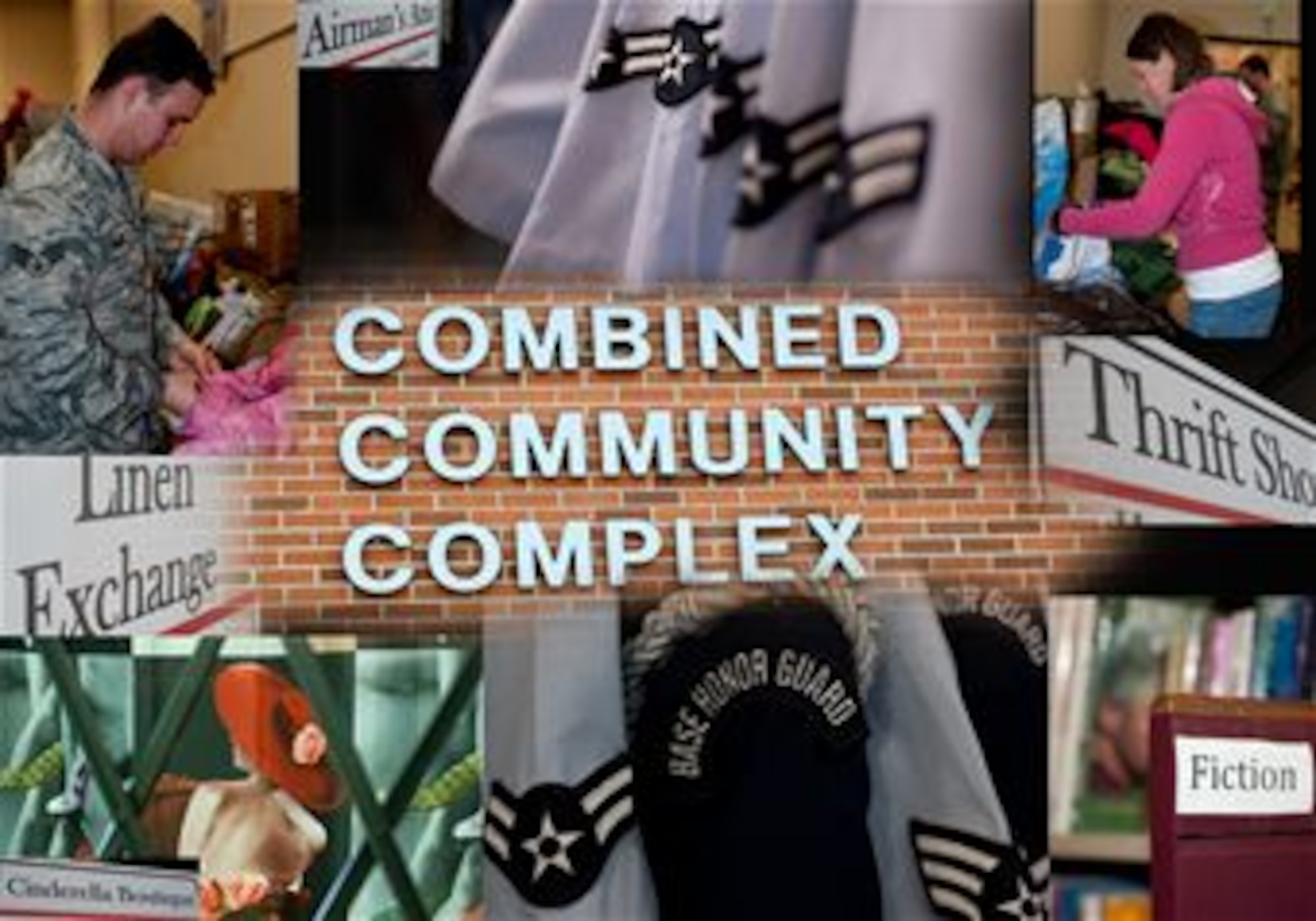 The Combined Community Complex houses the instillation honor guard, first shirt pantry, Airman’s attic, linen exchange, thrift shop and Cinderella Boutique. (U.S. Air Force photo illustration/Senior Airman Malia Jenkins)