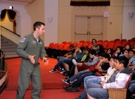 Maj. Joel Neeb, 12th Flying Training Wing Air Force Smart Operations for the 21st Century officer, gives students from Dwight Middle School an overview of the Motivate Our Student’s Texas program March 25 in the JBSA-Randolph Fleenor Auditorium. (U.S. Air Force photo by Airman 1st Class Alexandria Slade)