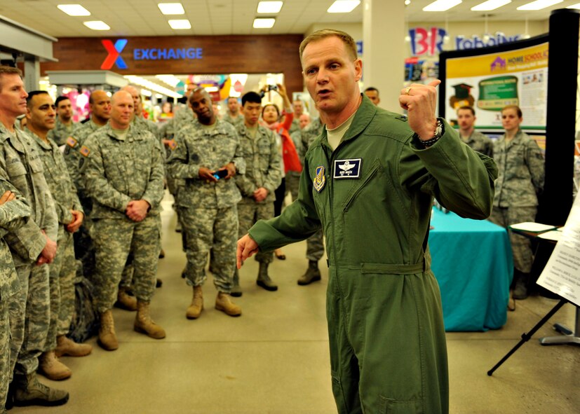 Brig. Gen. Russell Mack, 7th Air Force vice commander, speaks before signing Team Osan’s National Sexual Assault Awareness Month proclamation at Osan Air Base, Republic of Korea, April 2, 2014. Commanders from the 51st Fighter Wing, 35th Air Defense Artillery, 3rd Battlefield Coordination Detachment, 607th Air Support Operations Group, 694th Intelligence Surveillance and Reconnaissance Group, 5th Reconnaissance Squadron, 731st Air Mobility Squadron, and 5th Field Investigation Squadron signed the proclamation. (U.S. Air Force photo/Senior Airman Siuta B. Ika)
