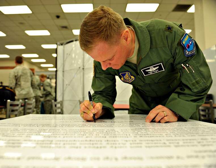 OSAN AIR BASE, Republic of Korea - Brig. Gen. Russell Mack, 7th Air Force vice commander, signs a proclamation for the opening of Sexual Assault Awareness and Prevention Month on Osan Air Base, Republic of Korea, April 2, 2014. (U.S. Air Force photo by Senior Airman Siuta Ika)