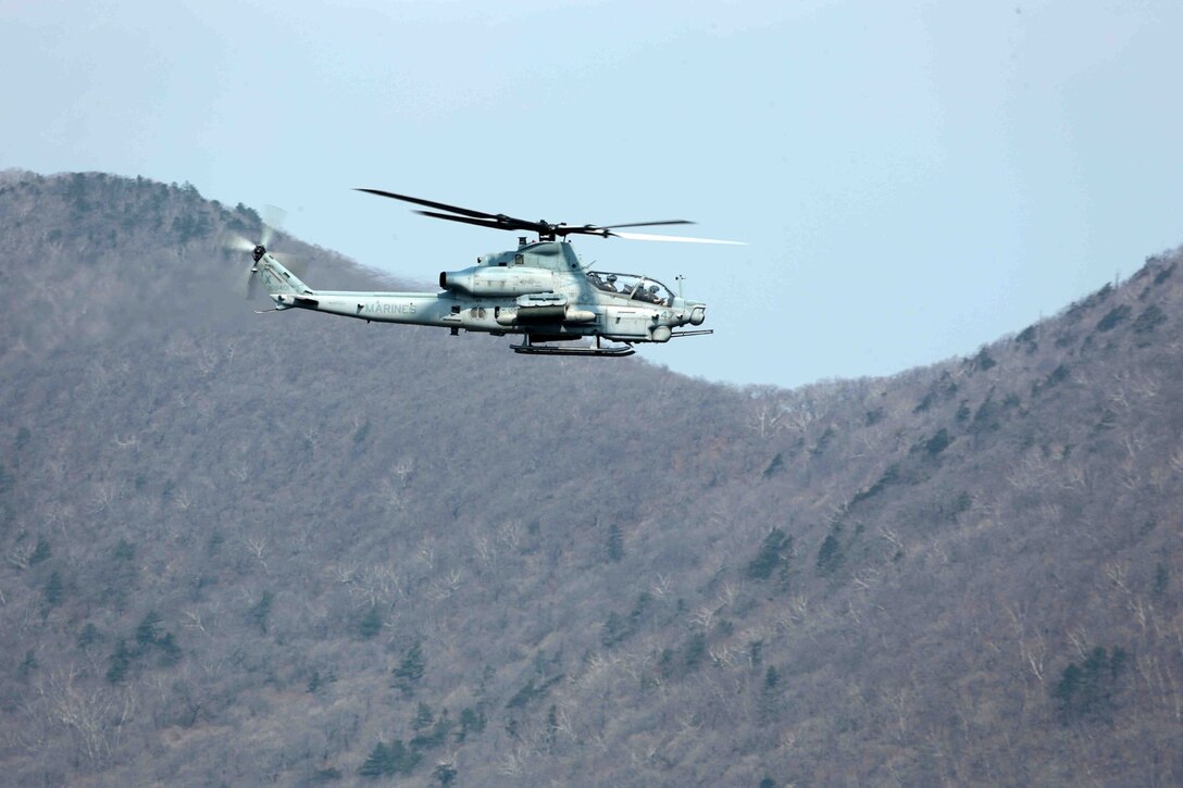 POHANG, SOUTH KOREA (April 1, 2014) – A U.S. Marine Corps AH-1Z Super Cobra assigned to 13th Marine Expeditionary Unit conducts flight operations during Ssang Yong 14 in Pohang, South Korea, April 1, 2014.  Exercise Ssang Yong is conducted annually in the Republic of Korea (ROK) to enhance the interoperability of U.S. and ROK forces by performing a full spectrum of amphibious operations while showcasing sea-based power projection in the Pacific. (Official U.S. Marine Corps photo by Cpl. David Gonzalez/Released)