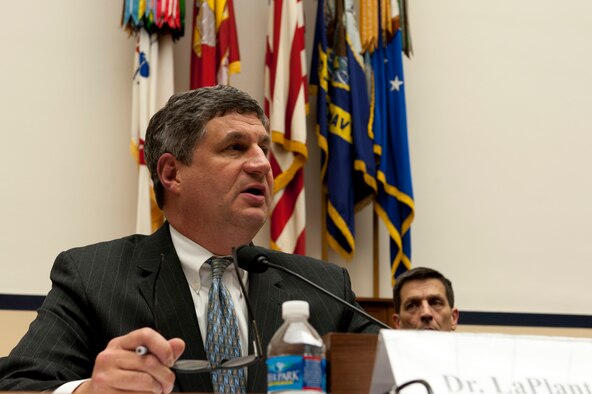 Dr. William LaPlante gives opening remarks April 2, 2014, during his testimony to the House Armed Services Committee’s subcommittee on seapower and projection forces in Washington, D.C. LePlante is the assistant secretary of the Air Force for acquisition. (U.S. Air Force photo/Staff Sgt. Carlin Leslie)




