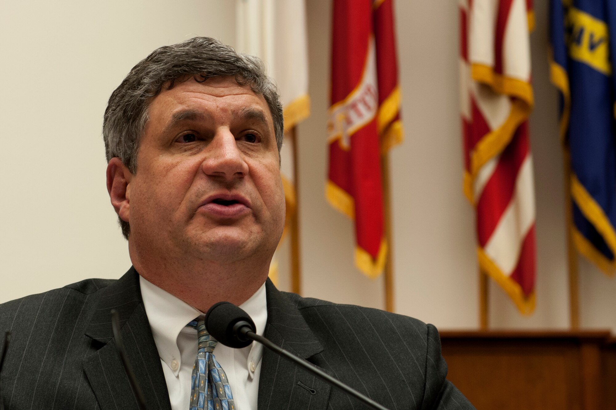 Dr. William LaPlante takes questions April 2, 2014, during his testimony to the House Armed Services Committee’s subcommittee on seapower and projection forces in Washington, D.C. LePlante is the assistant secretary of the Air Force for acquisition. (U.S. Air Force photo/Staff Sgt. Carlin Leslie)