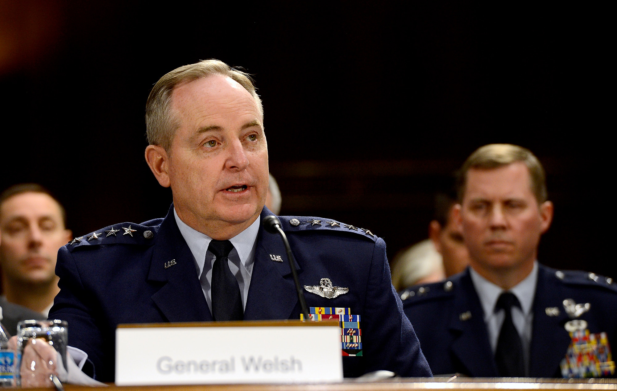Air Force Chief of Staff Gen. Mark A. Welsh III testifies on the Air Force posture for fiscal year 2015 before the Senate Appropriations Committee on Defense, April 2, 2014, in Washington, D.C.  Also testifying were Secretary of the Air Force Deborah Lee James; Gen. James "JJ" Jackson, the Air Force Reserve chief; Gen. Frank J. Grass, the National Guard bureau chief; and Lt. Gen. Stanley E. Clarke III, the Air National Guard director.  (U.S. Air Force photo/Scott M. Ash)